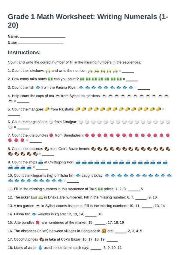 G1-Writing Numerals (1–20)-Count and Write-Fill the Missing