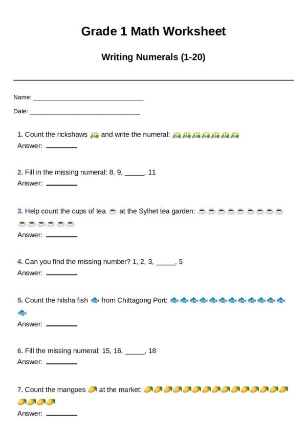 G1-Writing Numerals (1–20)-Count and Write-Fill the Missing