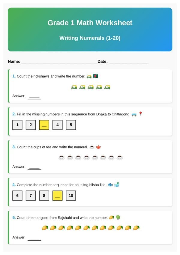 G1-Writing Numerals (1–20)-Count and Write-Fill the Missing