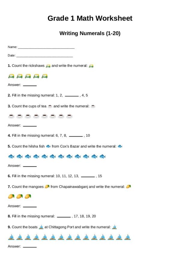 G1-Writing Numerals (1–20)-Count and Write-Fill the Missing