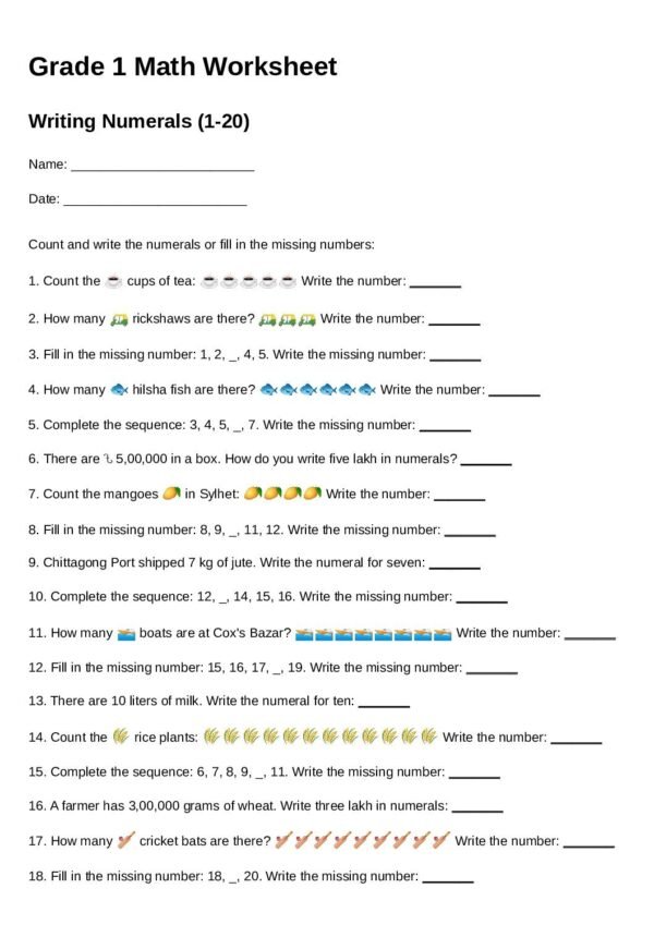 G1-Writing Numerals (1–20)-Count and Write-Fill the Missing