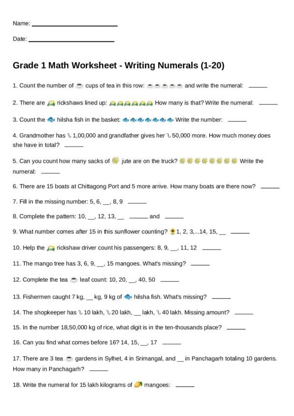 G1-Writing Numerals (1–20)-Count and Write-Fill the Missing