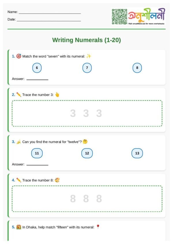 G1-Writing Numerals (1–20)-Match Words Numerals-Trace the Numbers