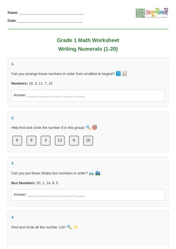 G1-Writing Numerals (1–20)-Order the Numbers-Number Hunt