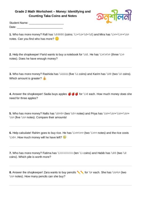 G2-Money: Identifying and Counting Taka Coins and Notes-Who Has More?-Answer the Shopkeeper