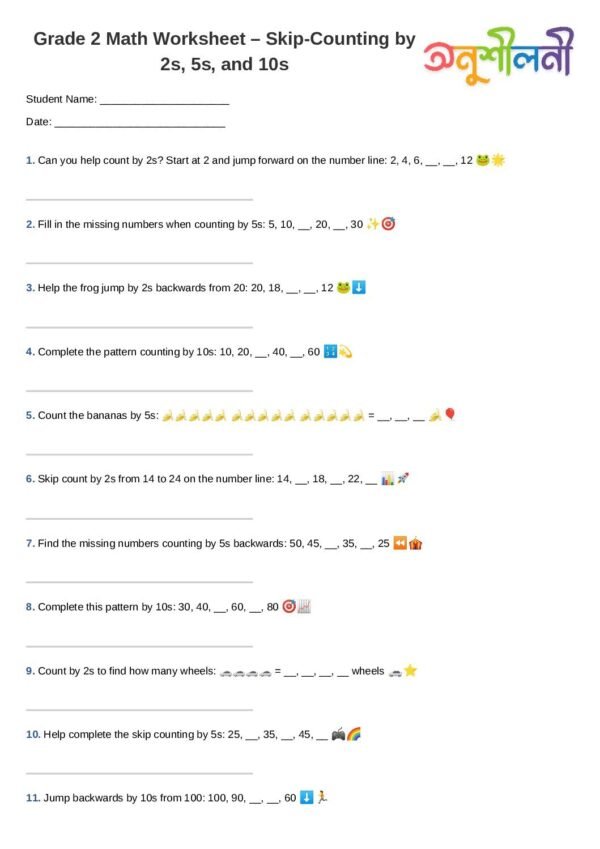 G2-Skip‑Counting by 2s, 5s, and 10s-Number Line Jumps-Pattern Completion