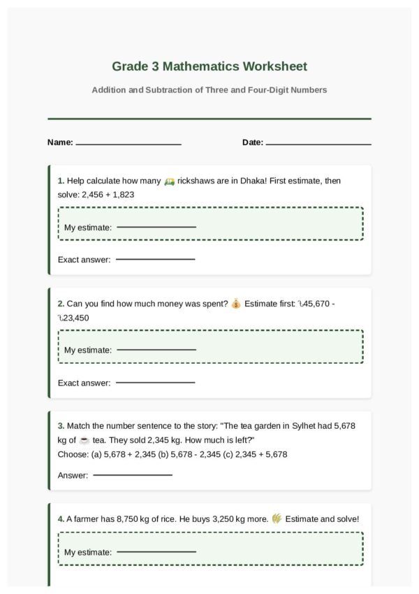 G3-Addition and Subtraction of Three‑ and Four‑Digit Numbers-Estimate and Check-Number Sentence Match