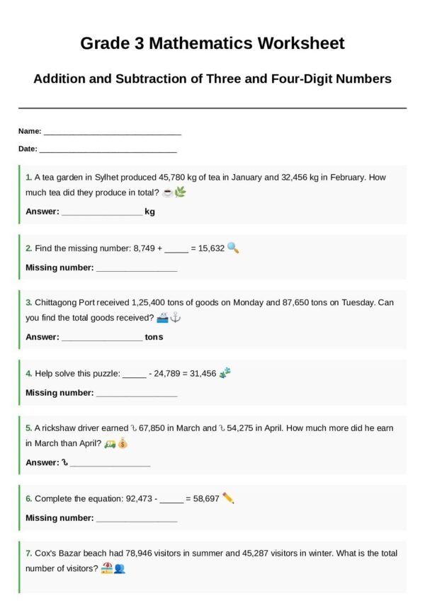 G3-Addition and Subtraction of Three‑ and Four‑Digit Numbers-Word Problem Solver-Missing Number Puzzle