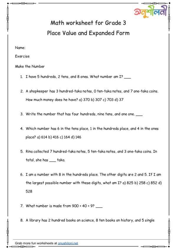 G3-Place Value and Expanded Form-Make the Number-Missing Digit Puzzle