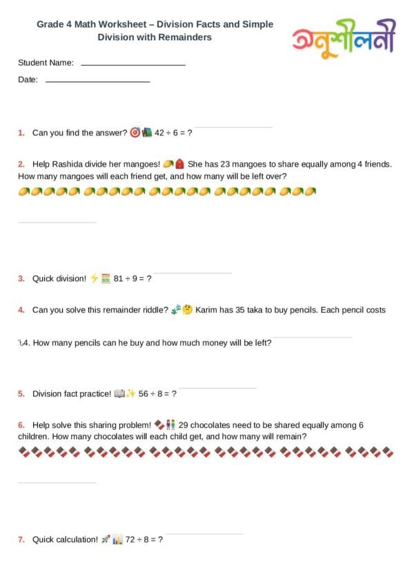 G4-Division Facts and Simple Division with Remainders-Quick Division Facts-Remainder Riddles