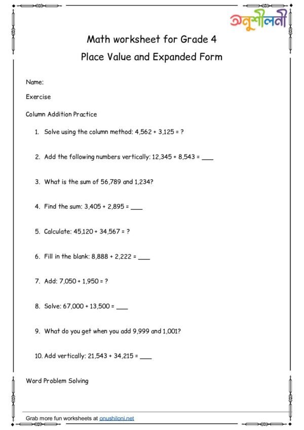 G4-Place Value and Expanded Form-Column Addition Practice-Word Problem Solving
