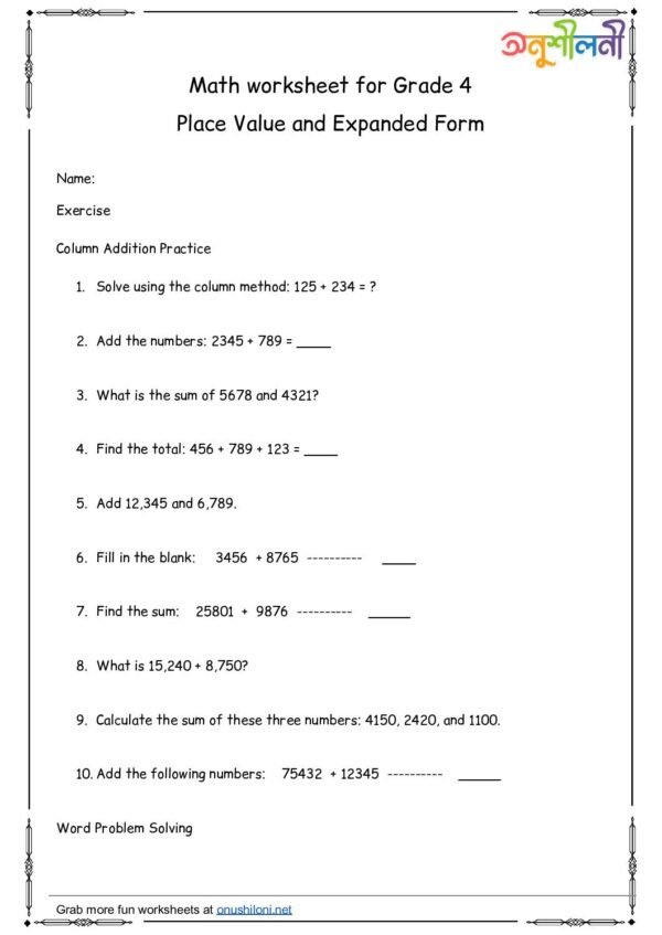G4-Place Value and Expanded Form-Column Addition Practice-Word Problem Solving