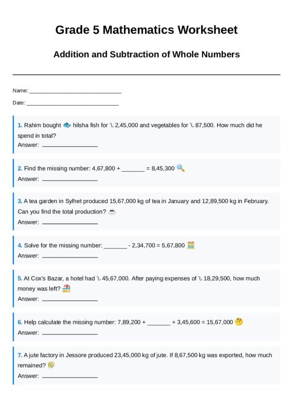 G5-Addition and Subtraction of Whole Numbers-Story Problem Challenge-Missing Number Puzzle