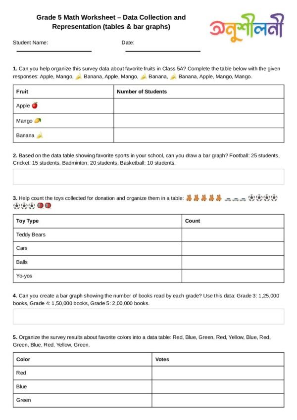 G5-Data Collection and Representation (tables & bar graphs)-Survey Data Table-Bar Graph Builder
