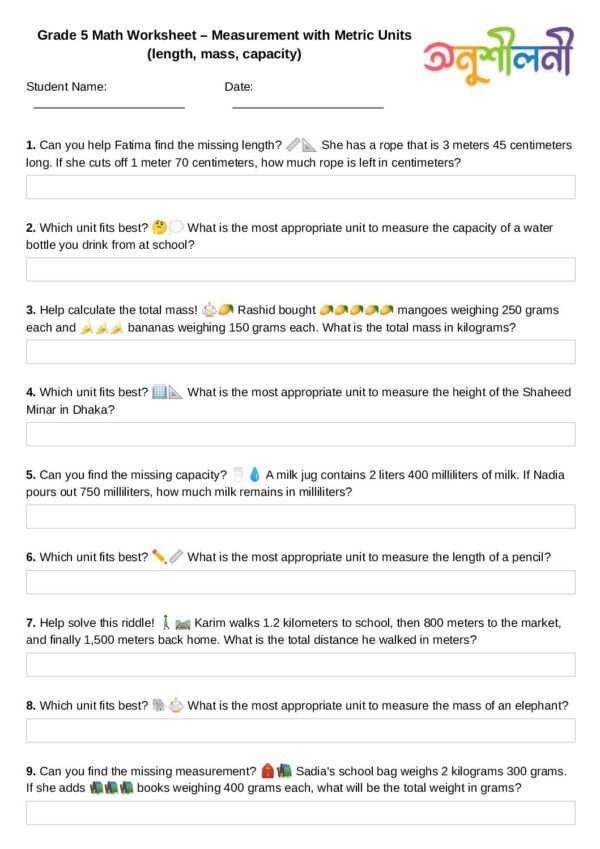 G5-Measurement with Metric Units (length, mass, capacity)-Missing Measurement Riddle-Which Unit Fits