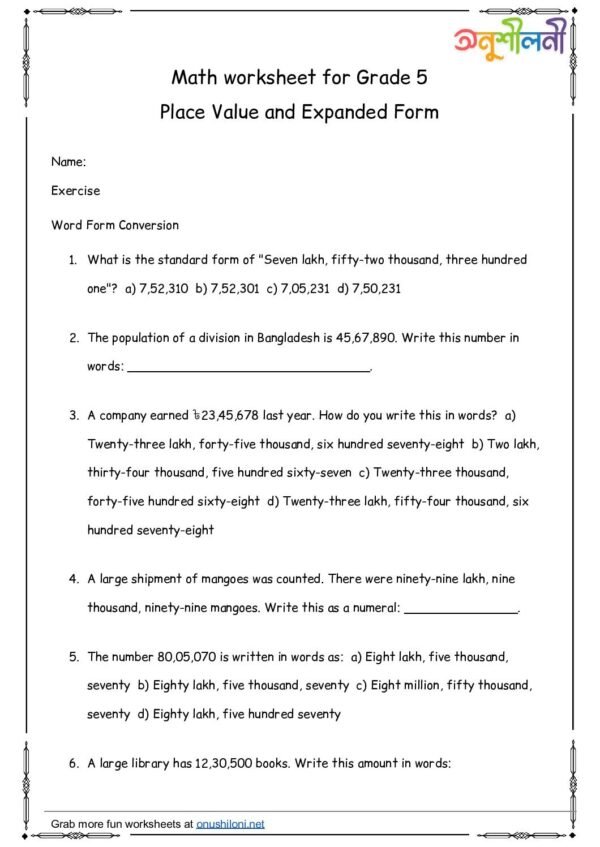 G5-Place Value and Expanded Form-Word Form Conversion-Missing Digit Puzzle
