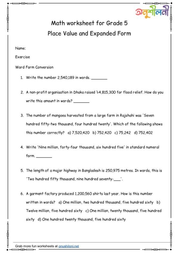 G5-Place Value and Expanded Form-Word Form Conversion-Missing Digit Puzzle
